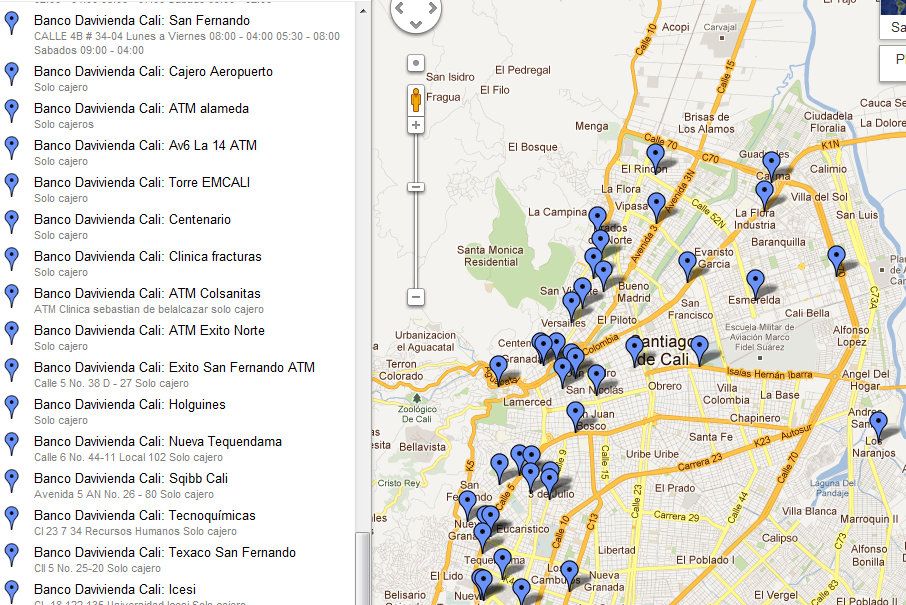 Listado de cajeros automáticos y sucursales de Davivienda en Cali para google maps