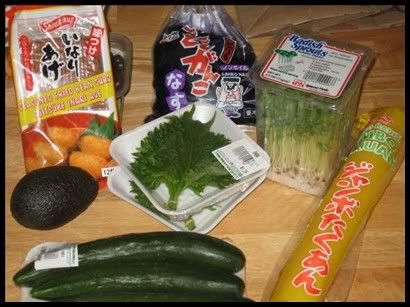 ohba,japanese cucumber,shirakiku inari pockets,avocado,spicy radish sprouts,pickled eggplant,jumbo takuan salted radish