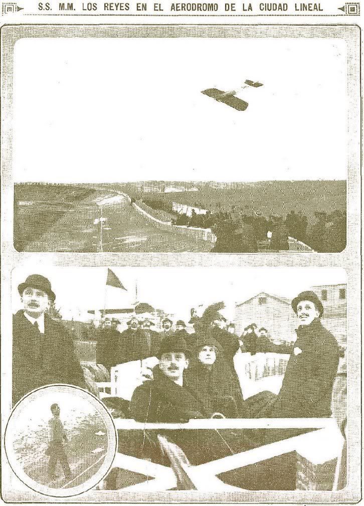 Páginas de la prensa de Diciembre de 1913. Se pueden apreciar las gradas y el velódromo, y al rey D. Alfonso XIII viendo la demostración.