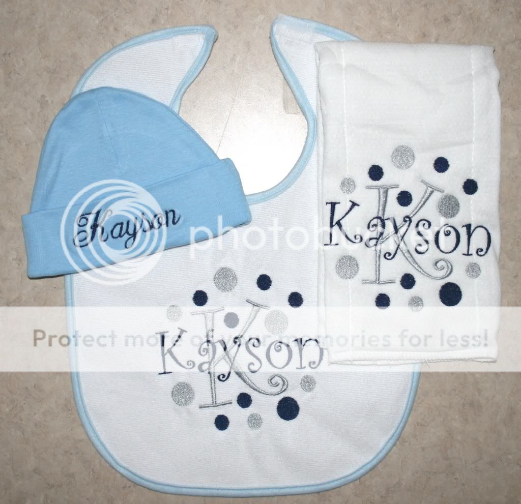 Personalized Baby Bib Burp Cloth Hat Set Embroidered PD