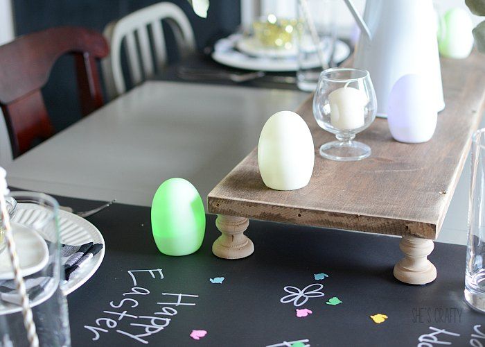 Easter table settings and decorations - chalkboard table runner and place setting