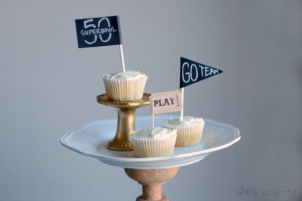Instructions to make Cupcake toppers for The Superbowl using cardstock, markers and lollipop sticks