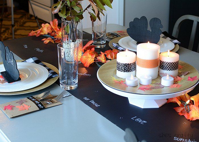 Thanksgiving Table Decor - candle centerpiece, chalkboard table runner, chalkboard turkey place cards