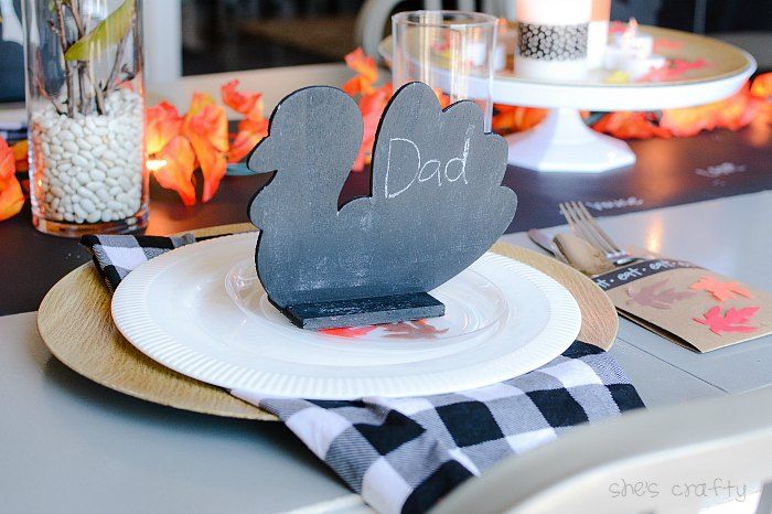 Thanksgiving Table Decor - chalkboard turkey place card, table setting