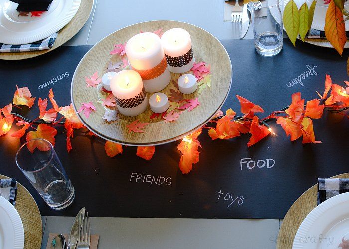 Thanksgiving Table Decor - chalkboard table runner and battery operated tea lights