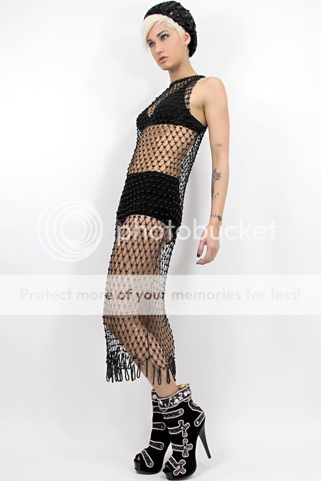   Estate Punk GOTH Crochet Net BEADED Tassel LOOP Fringe Dress  