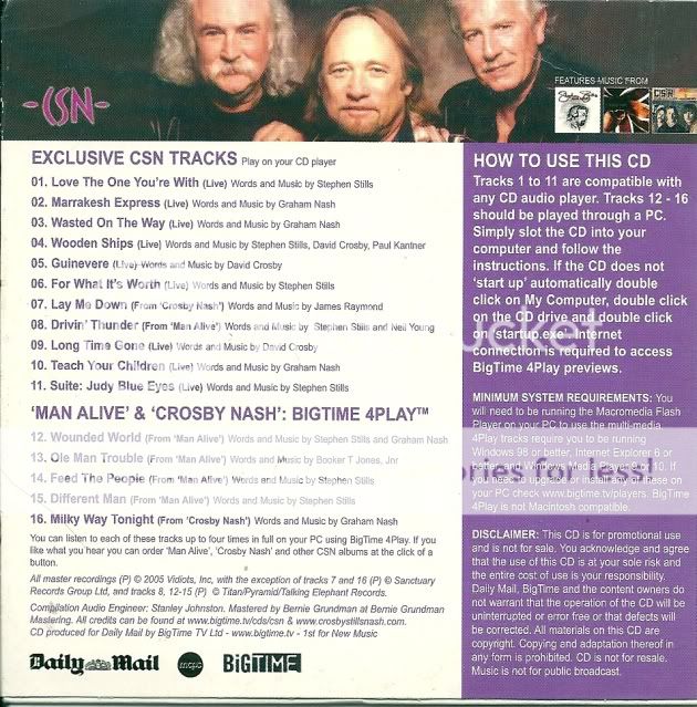 Crosby Stills Nash 2005 Daily Mail Collectors Edition Promo CD Audio